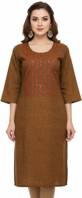 SARANS Women Embroidered, Geometric Print Straight Kurta(Yellow)