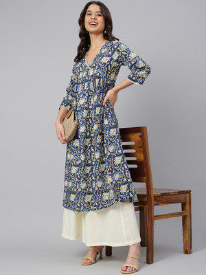Janasya Women Floral Print Flared Kurta(Dark Blue)