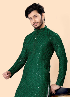 Shree Dutt Creation Men Chikan Embroidery Straight Kurta(Dark Green)