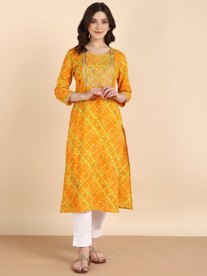 PinkTribe Women Embroidered Straight Kurta(Yellow)