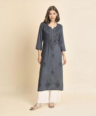 EKASYA Women Embroidered Straight Kurta(Grey)