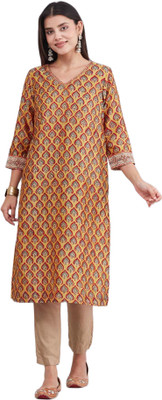 Fabindia Women Printed Straight Kurta(Yellow)