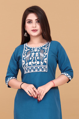 RIDDHI COLLECTION MALL Women Embroidered A-line Kurta(Blue)
