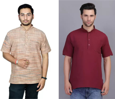 isdfabric Men Self Design Straight Kurta(Maroon, Brown)