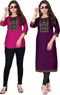 psmn Women Embroidered A-line Kurta(Red, Purple)
