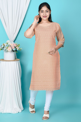 KGNfashion Women Chikan Embroidery A-line Kurta(Orange)