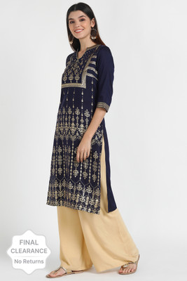 Aurelia Women Printed Straight Kurta(Blue)