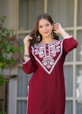 BKApparels Women Embroidered Straight Kurta(Maroon)