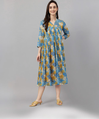 Janasya Women Floral Print Flared Kurta(Yellow)