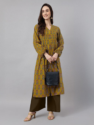 Janasya Women Floral Print Straight Kurta(Yellow)