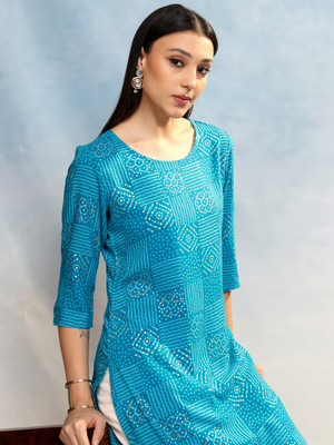 Vishudh Women Printed Straight Kurta(Blue)