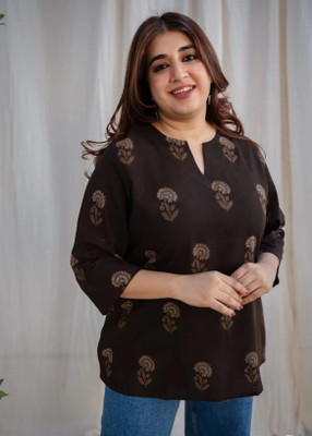 SANGOURI Women Printed Straight Kurta(Brown)