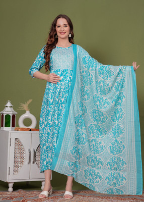 sky fab Women Printed Flared Kurta(Light Blue)