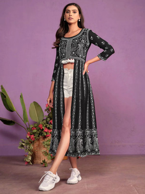 Youthnic Women Chikan Embroidery Anarkali Kurta(Black)