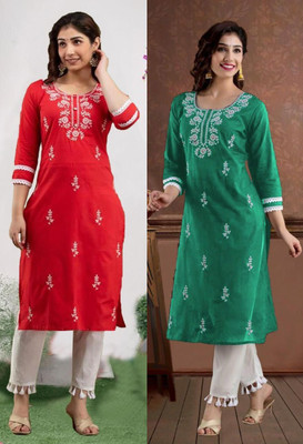 vikshi Women Chikan Embroidery A-line Kurta(Multicolor)