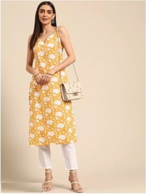 gobya Women Printed Straight Kurta(Yellow, White)