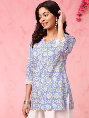 flipFabric Women Printed Straight Kurta(Blue, White)