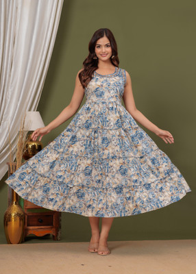 Shree shyam Women Embroidered, Printed Flared Kurta(Light Blue)