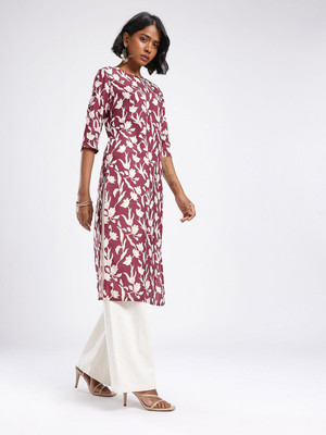 Anouk Rustic Women Floral Print Straight Kurta(Maroon)