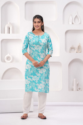Lamba Creations Women Floral Print Straight Kurta(Blue)