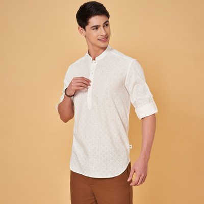 Indus Route by Pantaloons Men Printed Straight Kurta(Light Blue)