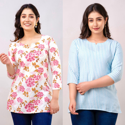 VROEGER Women Printed Straight Kurta(Pink, Blue)