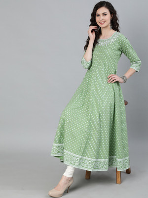 Jaipur Kurti Women Printed Anarkali Kurta(Green)