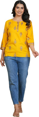 RKTM Women Printed Straight Kurta(Yellow)