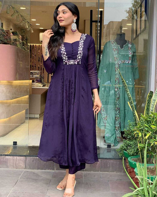 Yadacollections Women Embroidered Anarkali Kurta(Purple)