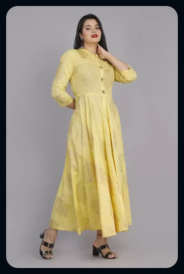 AnviTextile Women Printed Anarkali Kurta(Yellow)