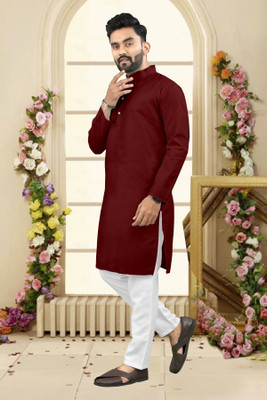 kanha creation Men Solid Straight Kurta(Maroon)