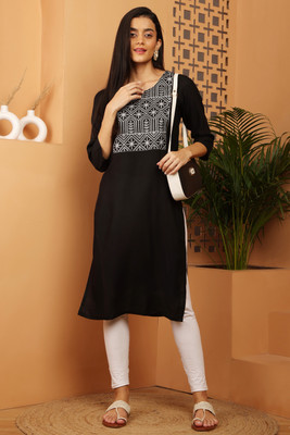 TARKEEB Women Embroidered A-line Kurta(Black)