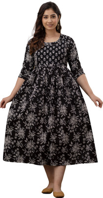 DAZZLE HUB Women Printed Anarkali Kurta(Black, Grey)