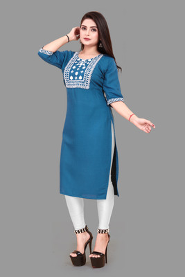 RIDDHI COLLECTION MALL Women Embroidered A-line Kurta(Blue)