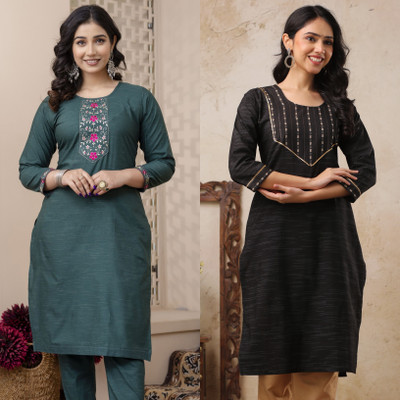 AUZAAI COLLECTION Women Embroidered Straight Kurta(Black, Green)