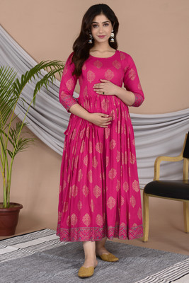 Gujari Women Printed Anarkali Kurta(Pink)