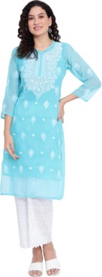 NAFCO Women Chikan Embroidery Ethnic Dress Kurta(Light Blue, Yellow)