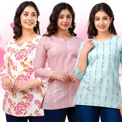VROEGER Women Printed Straight Kurta(Pink, Green)