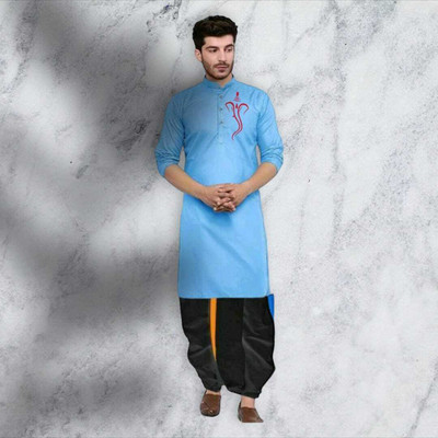 Mamta Biswas Men Printed Straight Kurta(Light Blue)