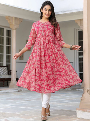 Janasya Women Floral Print Flared Kurta(Pink)