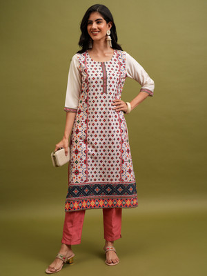 KETCH Women Embroidered Straight Kurta(Beige)