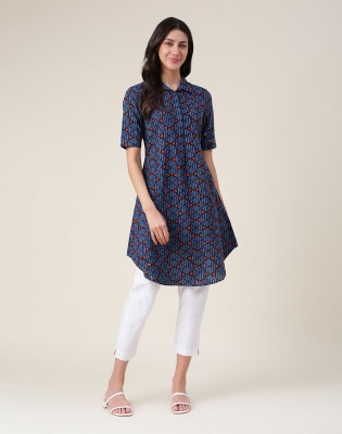 Fabindia Women Printed Straight Kurta(Blue)