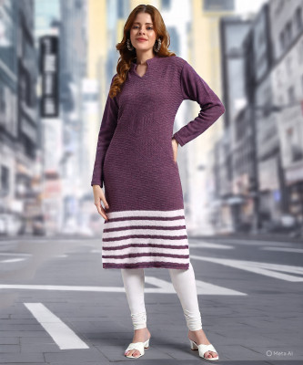 DRESSBASE Women Striped Straight Kurta(Purple)