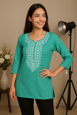 CornHubb Women Embroidered, Solid, Embellished Straight Kurta(Light Green)