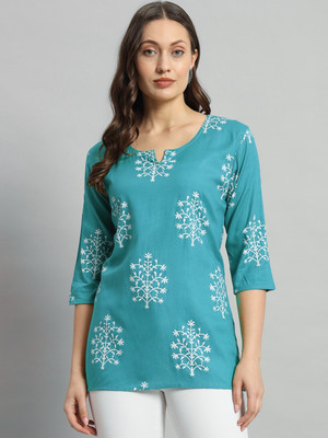 HYTEN Women Printed Straight Kurta(Light Blue)