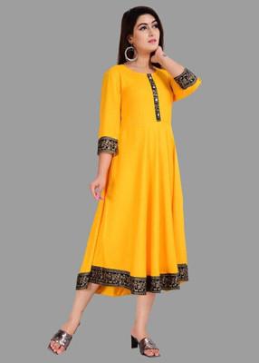 queen Consort Women Solid, Printed Anarkali Kurta(Yellow)