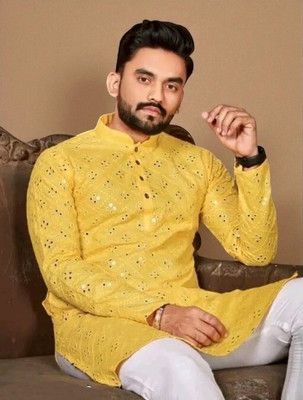 Biswas Trends Men Embroidered Straight Kurta(Black)