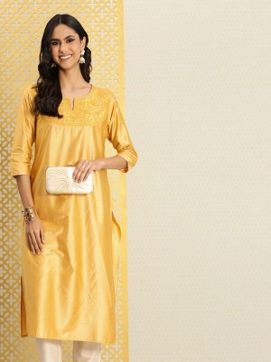 House of Pataudi Women Embroidered Straight Kurta(Yellow)