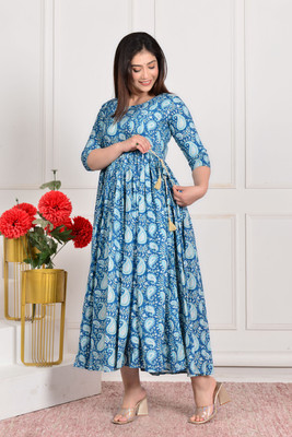 vijay garments Women Floral Print Anarkali Kurta(Blue)
