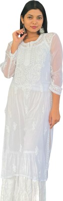 Gulkari Women Chikan Embroidery Straight Kurta(White)